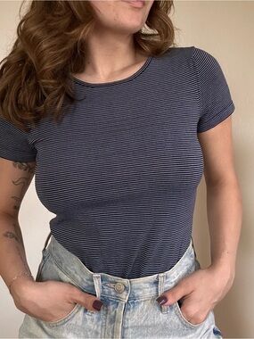 Kasper Navy and White Striped Short-Sleeve Tee